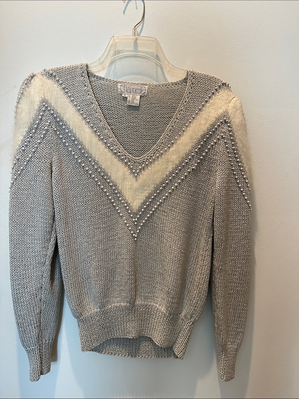 Grey V-Neck Sweater with Cream Chevron and Pearl Detail